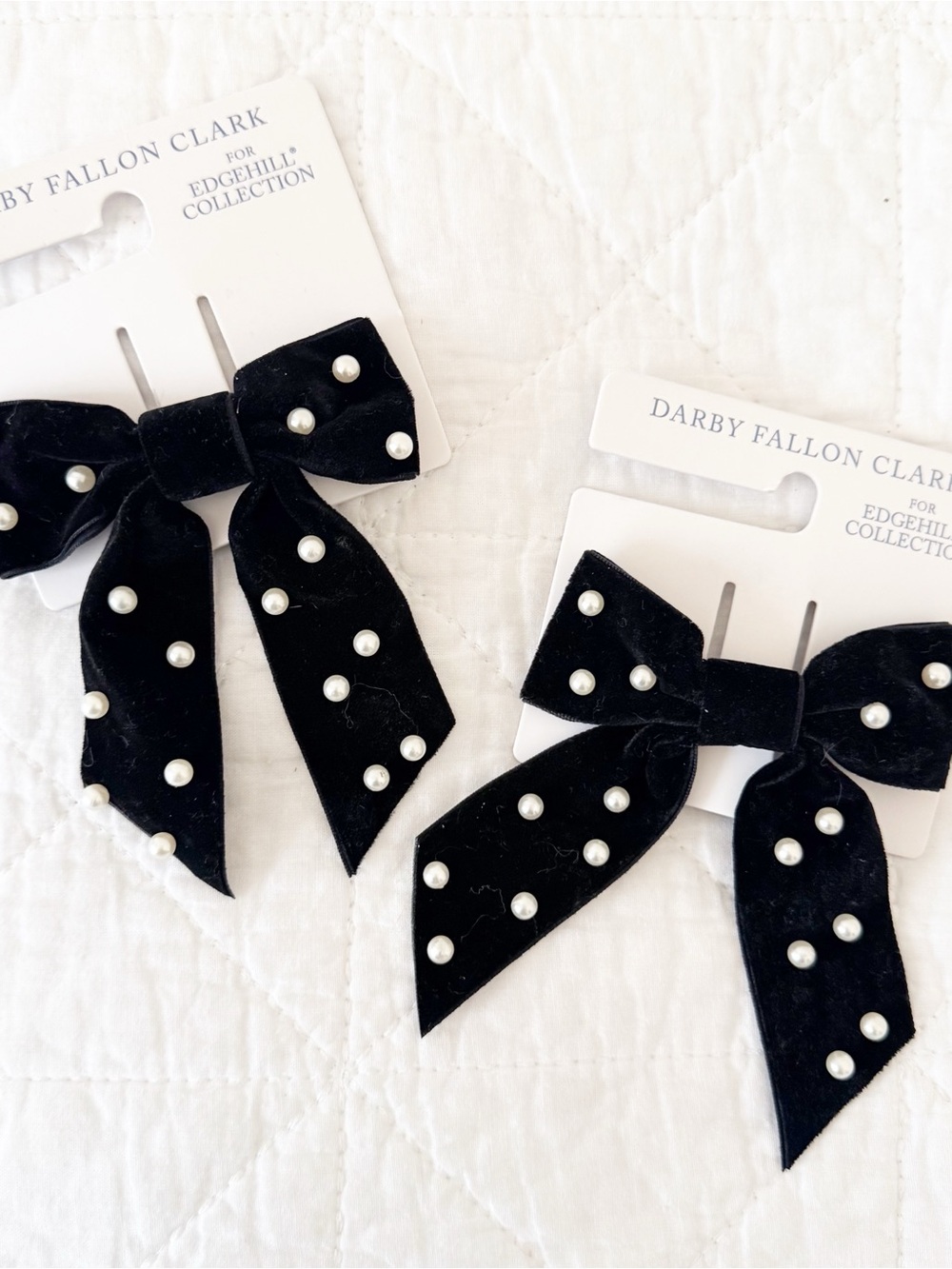 NEW Darby Fallon Clark for Edgehill Collection Black Velvet Pearl Bow Clips